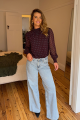 Jade Brown & Blue Chiffon Polka Dot Top