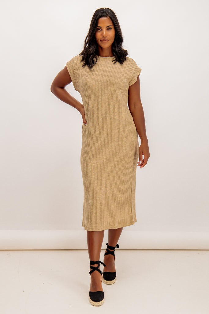 Lena Beige Ribbed Midi Dress