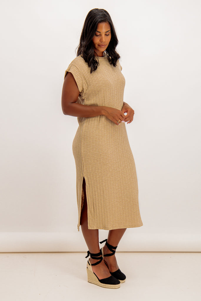 Lena Beige Ribbed Midi Dress
