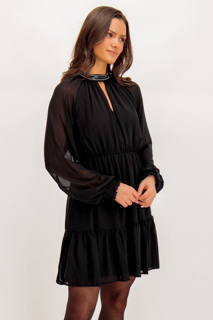 Anlis Embellished High Neck Black Dress