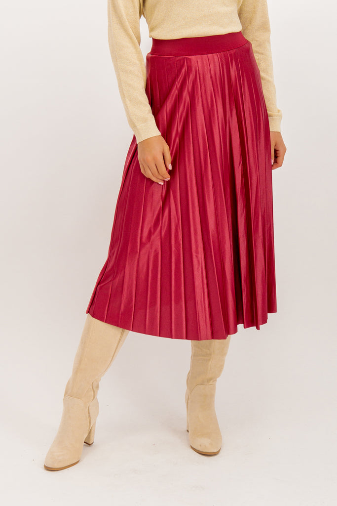 Beet Red High Shine Pleated Midi Skirt