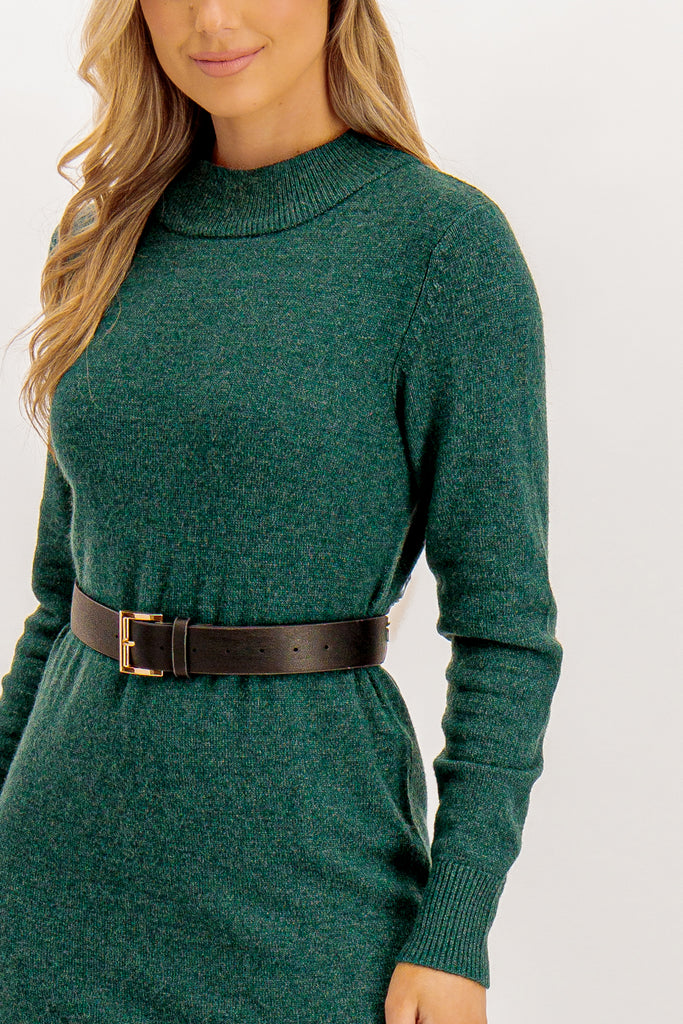 Viril Crew Neck Pine Green Knit Dress