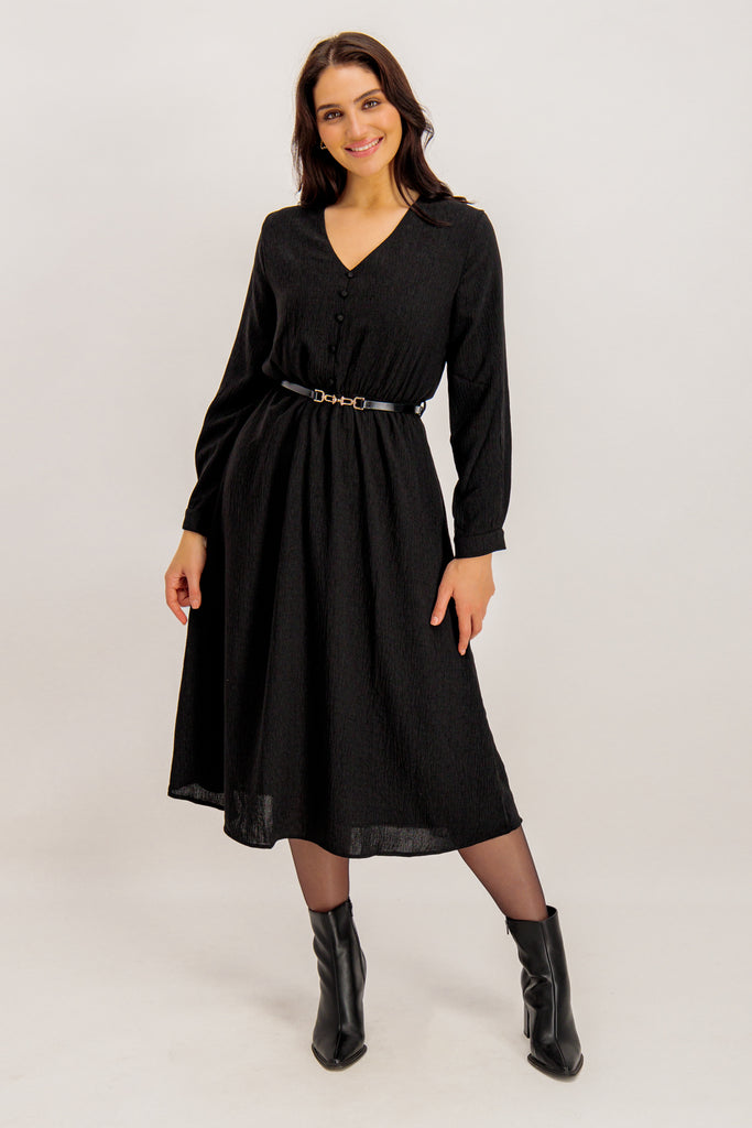 Gwen Black Belted Midi Dress