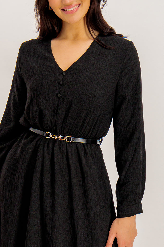 Gwen Black Belted Midi Dress