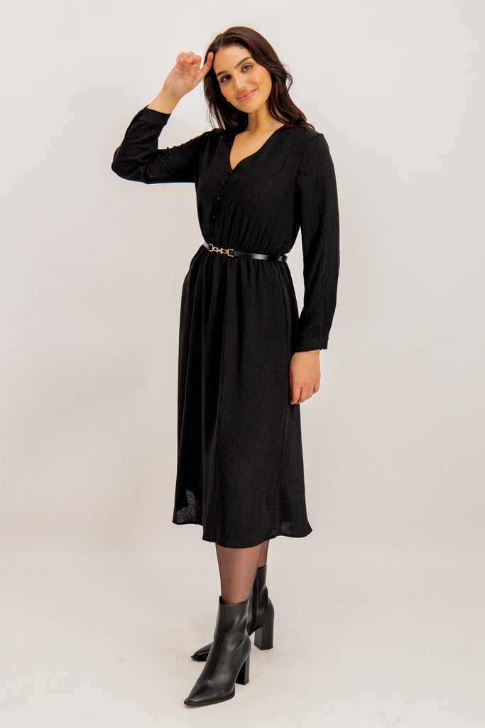 Gwen Black Belted Midi Dress