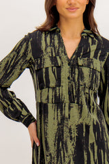 Dalina Green & Black Print Shirt Dress