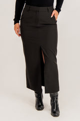 Troian Black Slit Midi Skirt