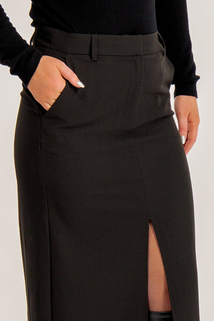 Troian Black Slit Midi Skirt