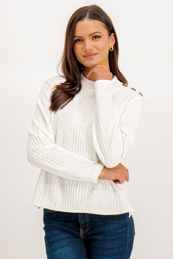 Emmi White Cable Button Knit