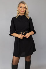 Kelly Short Black Belted Puff Sleeve Dress