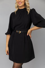 Kelly Short Black Belted Puff Sleeve Dress