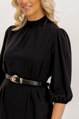 Kelly Short Black Belted Puff Sleeve Dress