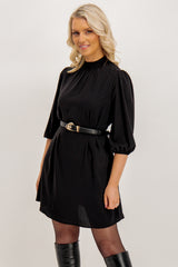 Kelly Short Black Belted Puff Sleeve Dress