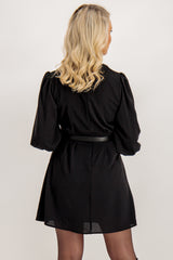 Kelly Short Black Belted Puff Sleeve Dress