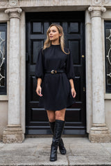 Kelly Short Black Belted Puff Sleeve Dress