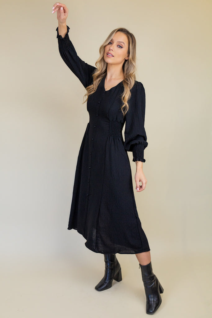 Maddie Black Button V-Neck Midi Dress