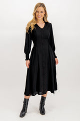 Maddie Black Button V-Neck Midi Dress