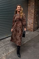 Leila Brown Leopard Printed Midi Dress