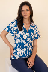 Lovie Blue & White Printed Wrap Top