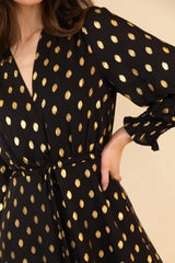 Megan Chiffon Black & Gold Print Dress