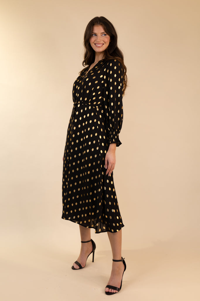 Megan Chiffon Black & Gold Print Dress