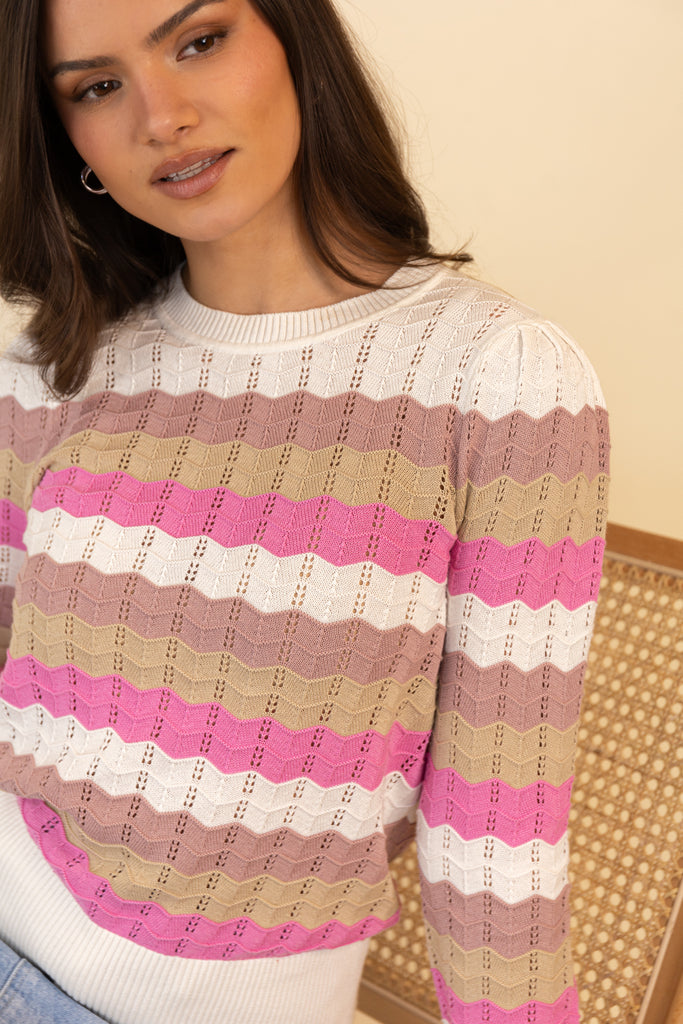 Smilla Pink & Beige Stripe Pointelle Knit