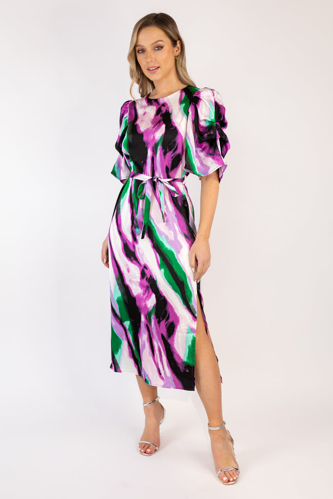 Ravenna Purple Abstract Print Puff Sleeve Dress