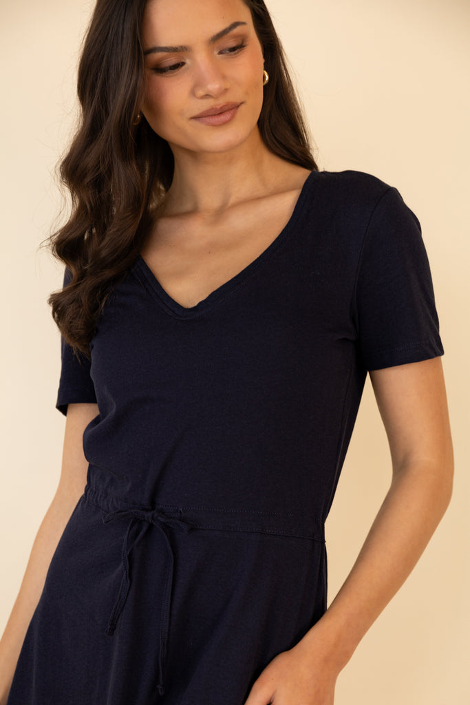 May Navy V-Neck Tie Waist Dress