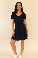 May Navy V-Neck Tie Waist Dress
