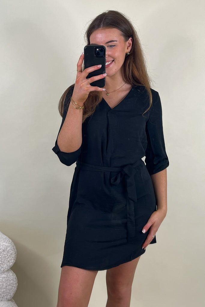 Divya Black V-Neck Black Mini Dress