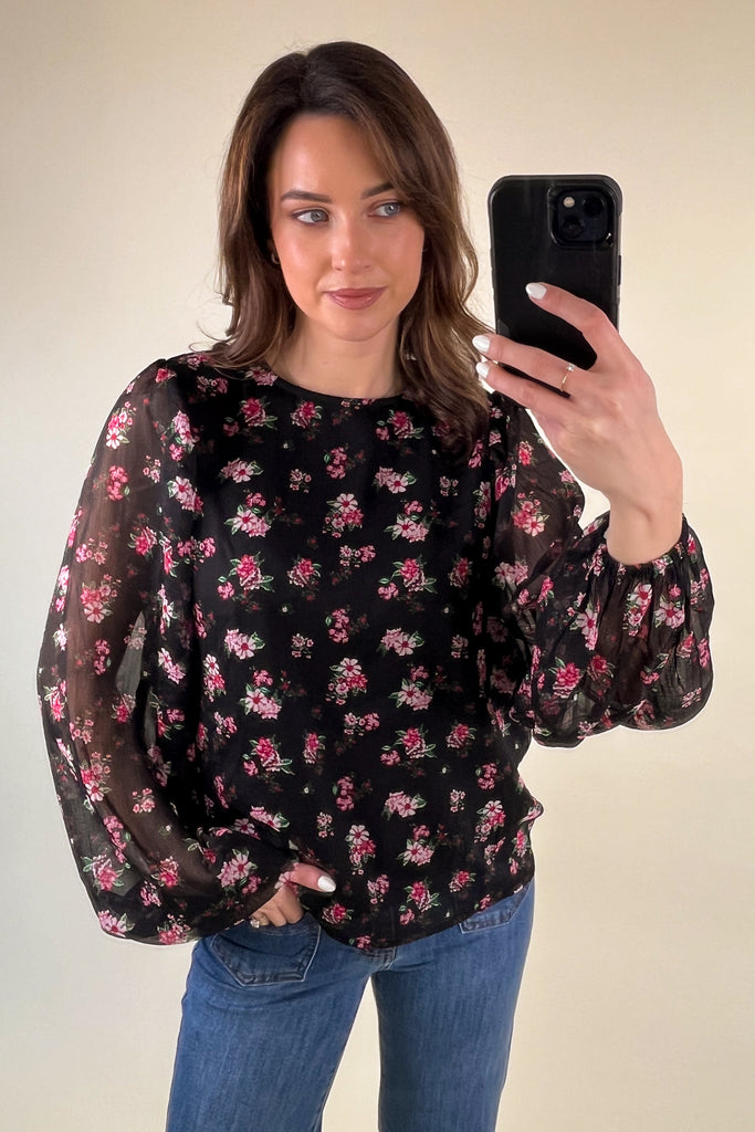 Mefina Black Floral Sheer Sleeve Top