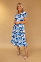 Missy Blue Floral Ruched Midi Dress