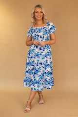 Missy Blue Floral Ruched Midi Dress