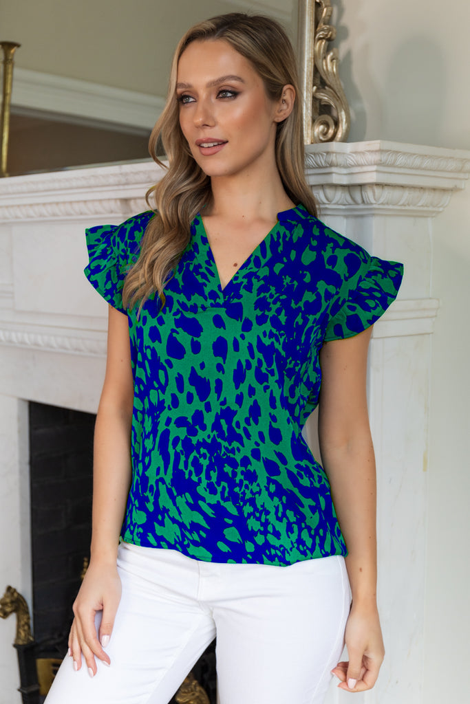 Green & Blue Leopard Print Sandy Frill Sleeve Top