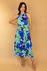 Elaine Blue & Green Belted Halterneck Dress