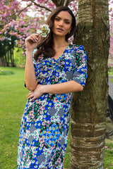Miri Blue Printed V-Neck Midi Dress
