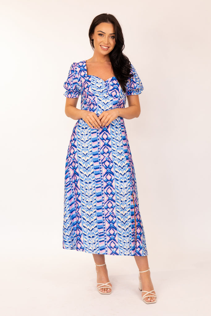 Aztec Blue & Pink Print Sweetheart Dress