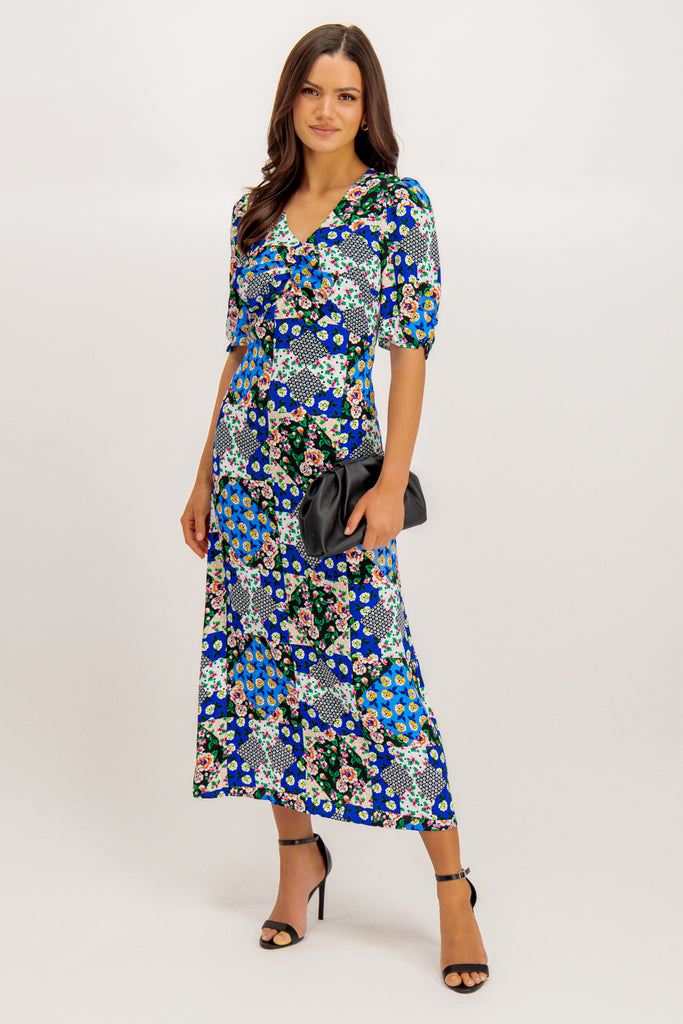 Miri Blue Printed V-Neck Midi Dress