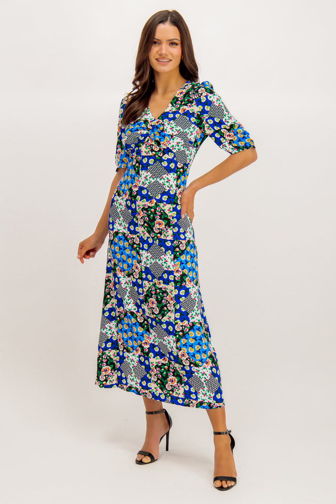 Miri Blue Printed V-Neck Midi Dress