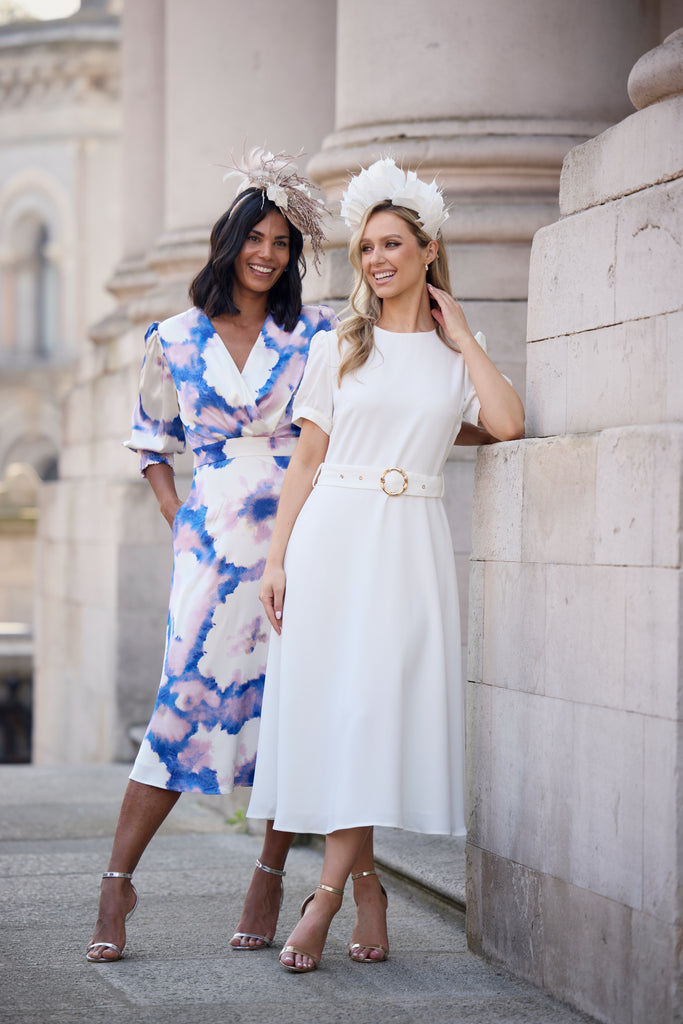 Laura White Belted Crochet Sleeve Dress