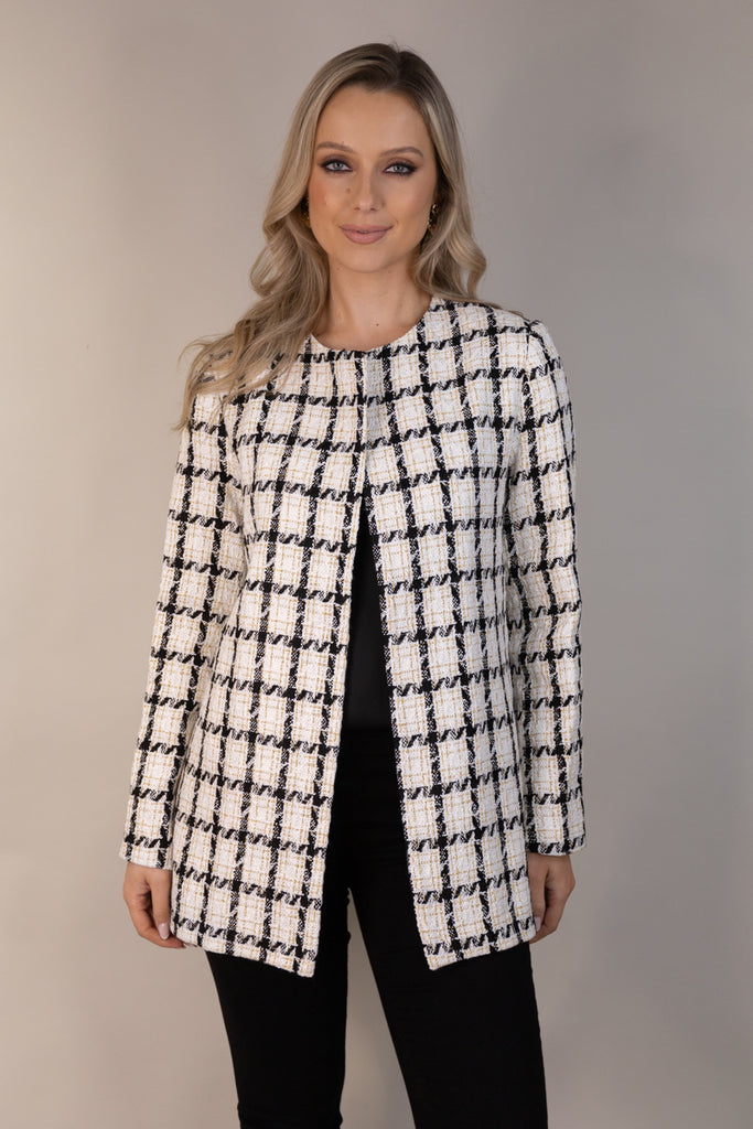Quinn Off White Black & Gold Tweed Coat