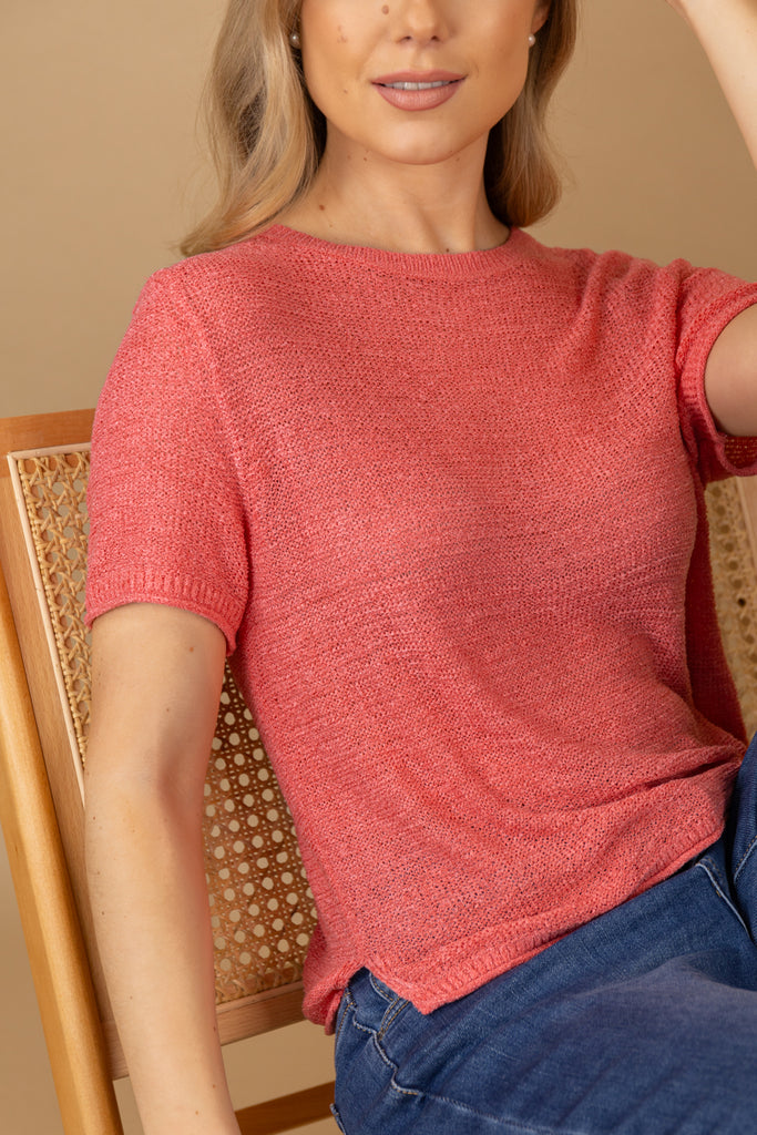 Sunny Coral Rose Short Sleeve Knit