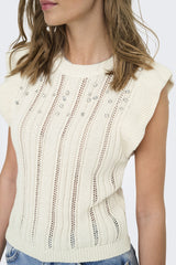 New Tulle Ecru Embellished Knitted Top