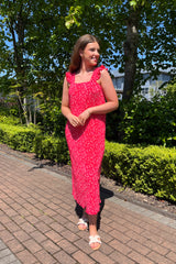 Flora Red Floral Plisse Midi Dress