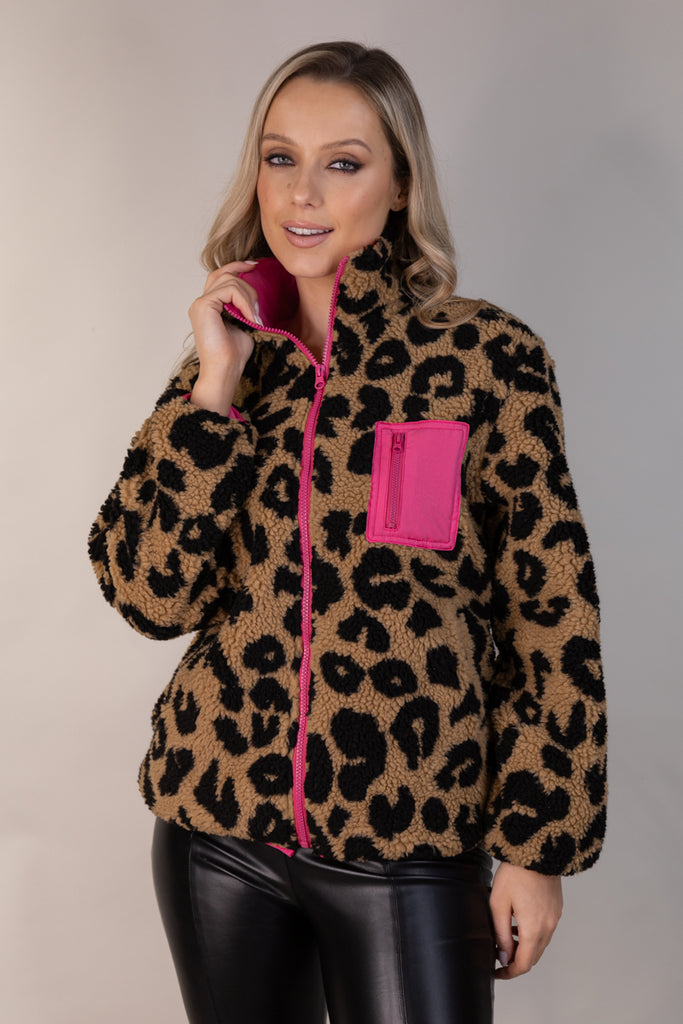 Raelynn Leopard Pink Contrast Zip Fleece