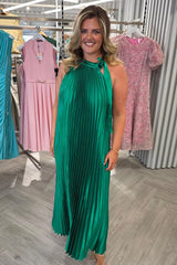 Mila Green Pleated Halterneck Dress