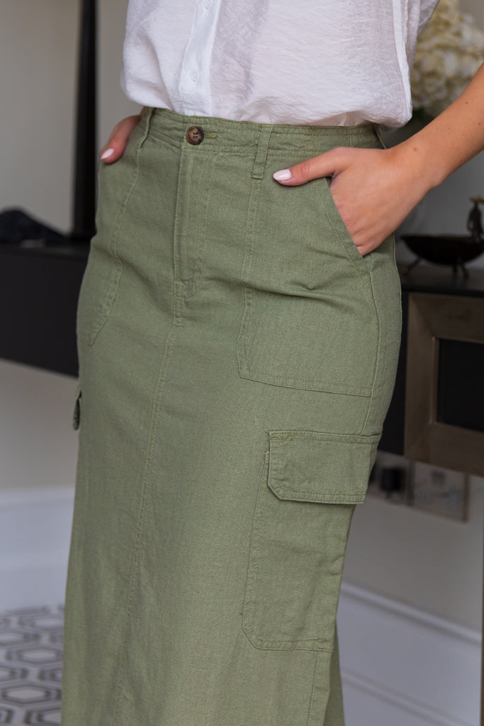 Malfy Cargo Green Linen Midi Skirt