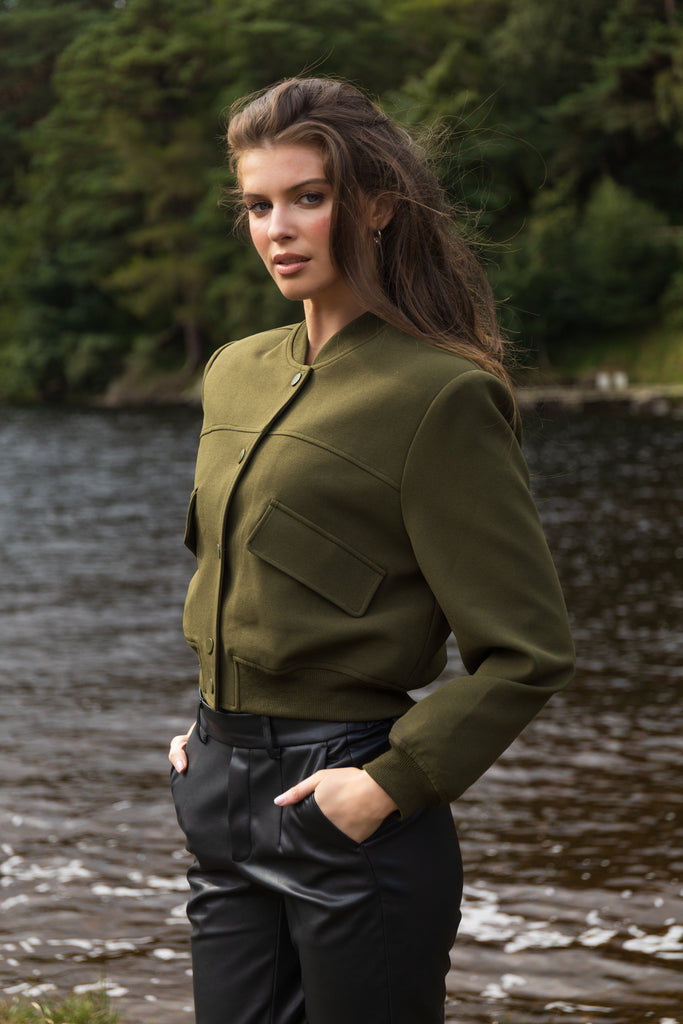 Sienna Cropped Khaki Bomber Jacket