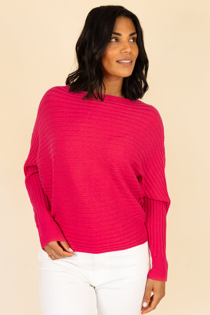Raspberry Ribbed Batwing Knit
