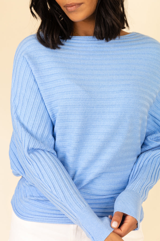 Blue Ribbed Batwing Knit
